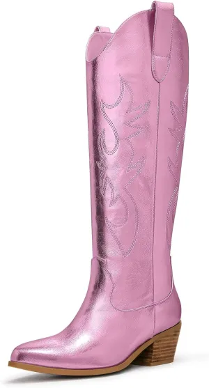 Ouepiano White Cowgirl Boots Women Cowboy Knee High Tall Boots Chunky Heel Pointed Toe Pull-On Western Wide Calf Boats Country Fashion