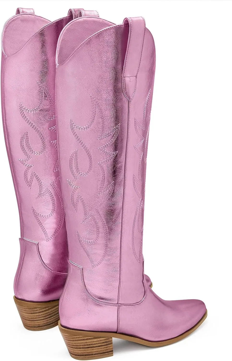 Ouepiano White Cowgirl Boots Women Cowboy Knee High Tall Boots Chunky Heel Pointed Toe Pull-On Western Wide Calf Boats Country Fashion