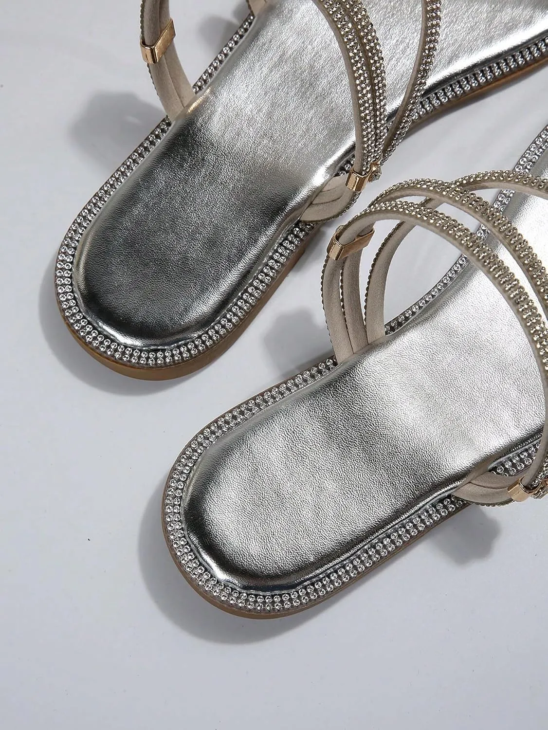 OYOANGLE Women's Rhinestone Strappy Open Toe Slide Sandals Slip on Casual Flat Sandals