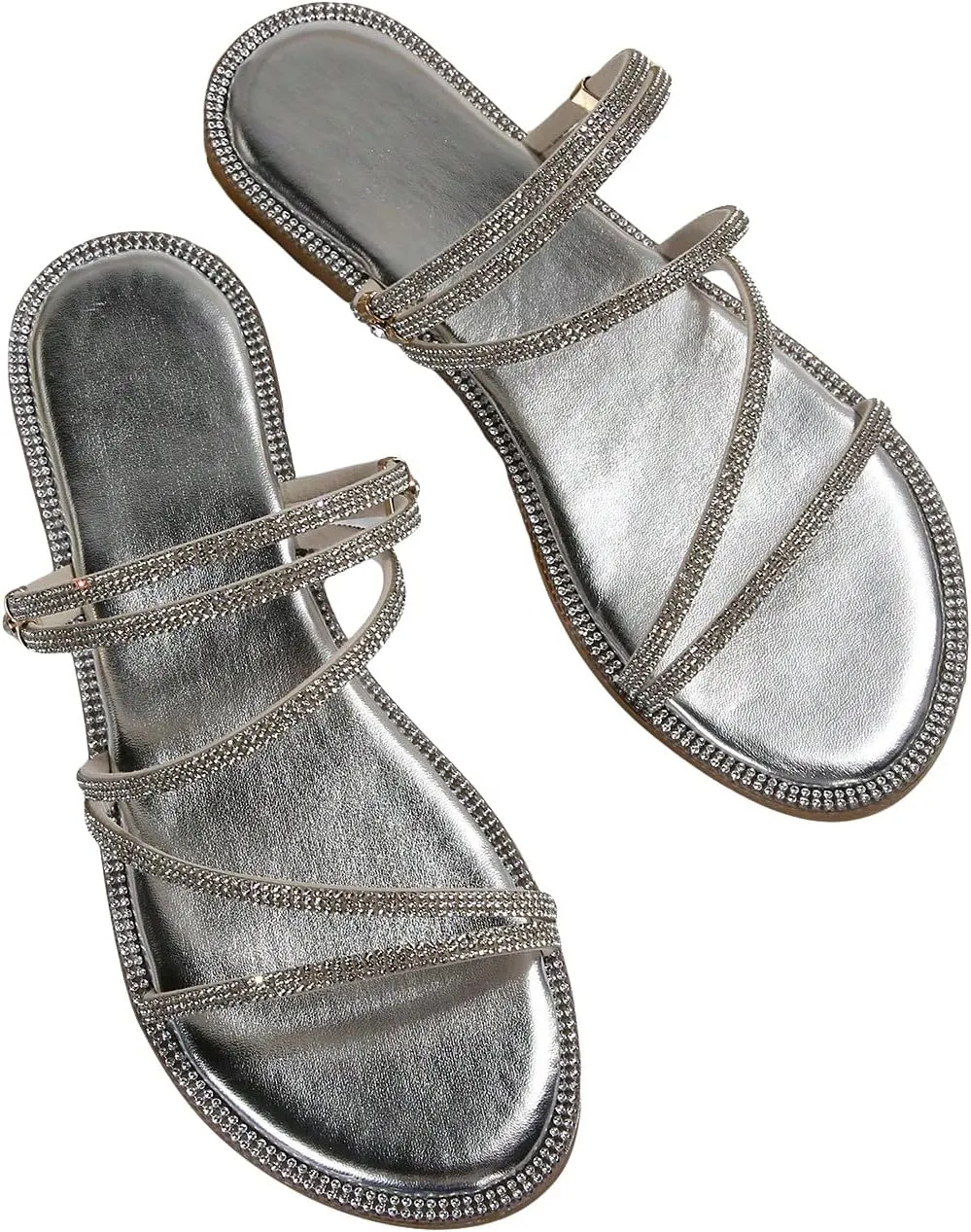 OYOANGLE Women's Rhinestone Strappy Open Toe Slide Sandals Slip on Casual Flat Sandals