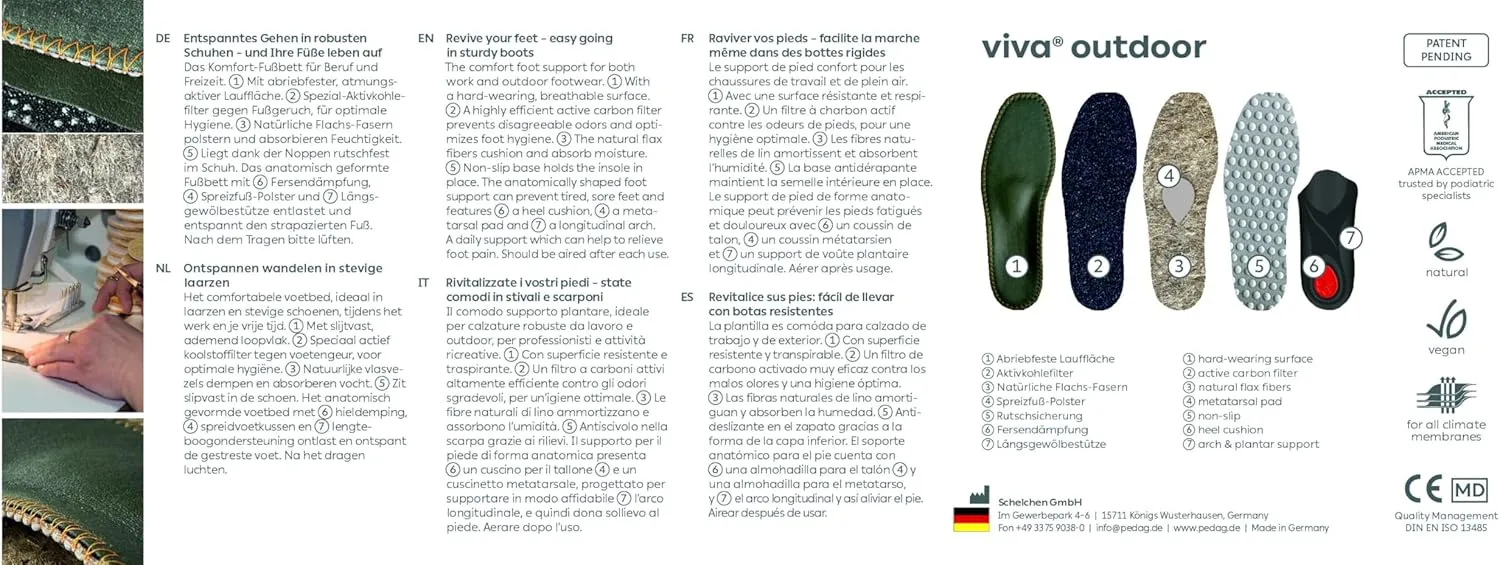 pedag Viva Outdoor | Made in Germany | Hiking Arch Support, Metatarsal Pad & Heel Cushion | Breathable Vegan Leather Insoles | Semi-Rigid | Prevents Foot Odor & Relieves Tired Feet. Size US M12/EU45