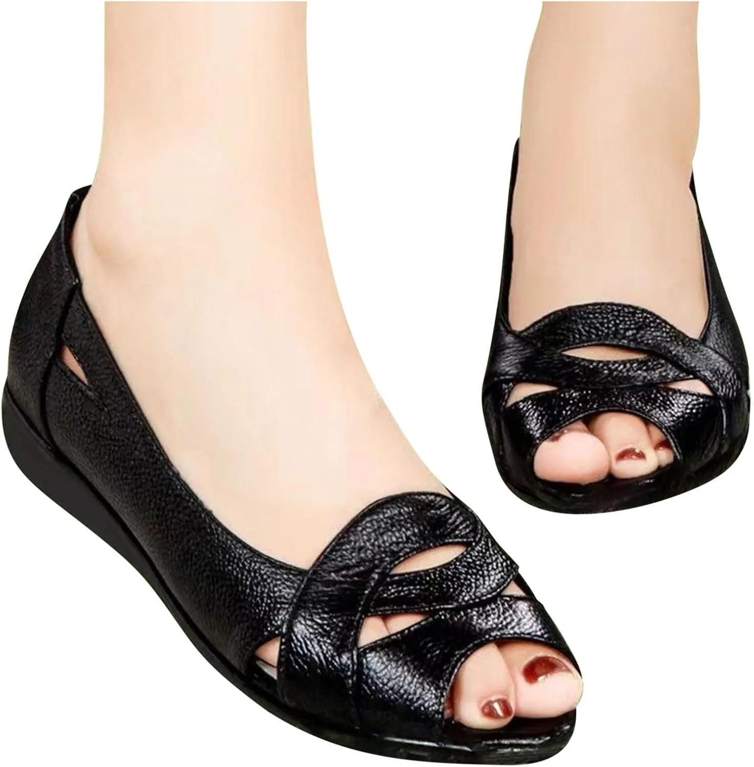 Peep Toe Flat Shoes for Women Casual Cut-out Ballet Flats PU Leather Shoes Comfortable Slip on Flats Footwear 2025
