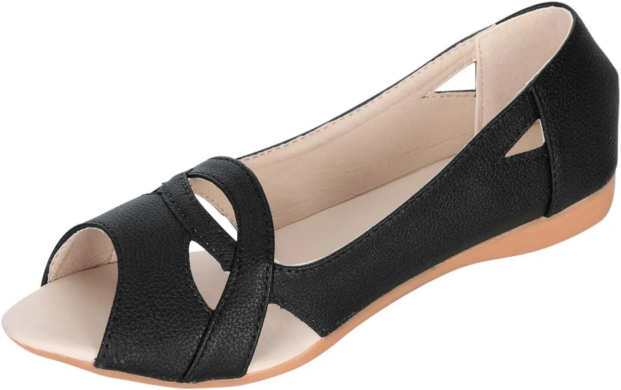 Peep Toe Flat Shoes for Women Casual Cut-out Ballet Flats PU Leather Shoes Comfortable Slip on Flats Footwear 2025