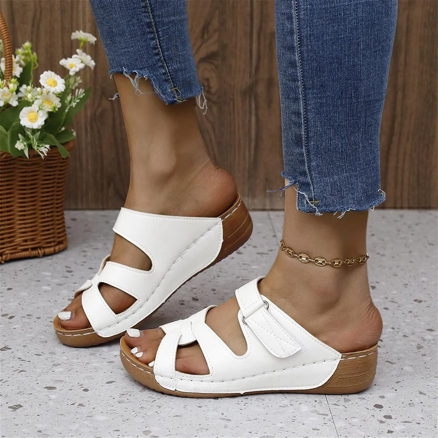 Peep Toe Wedges for Women Dressy Wide Width Orthopedic Wedge Sandals with Arch Support Walking Flip Flops
