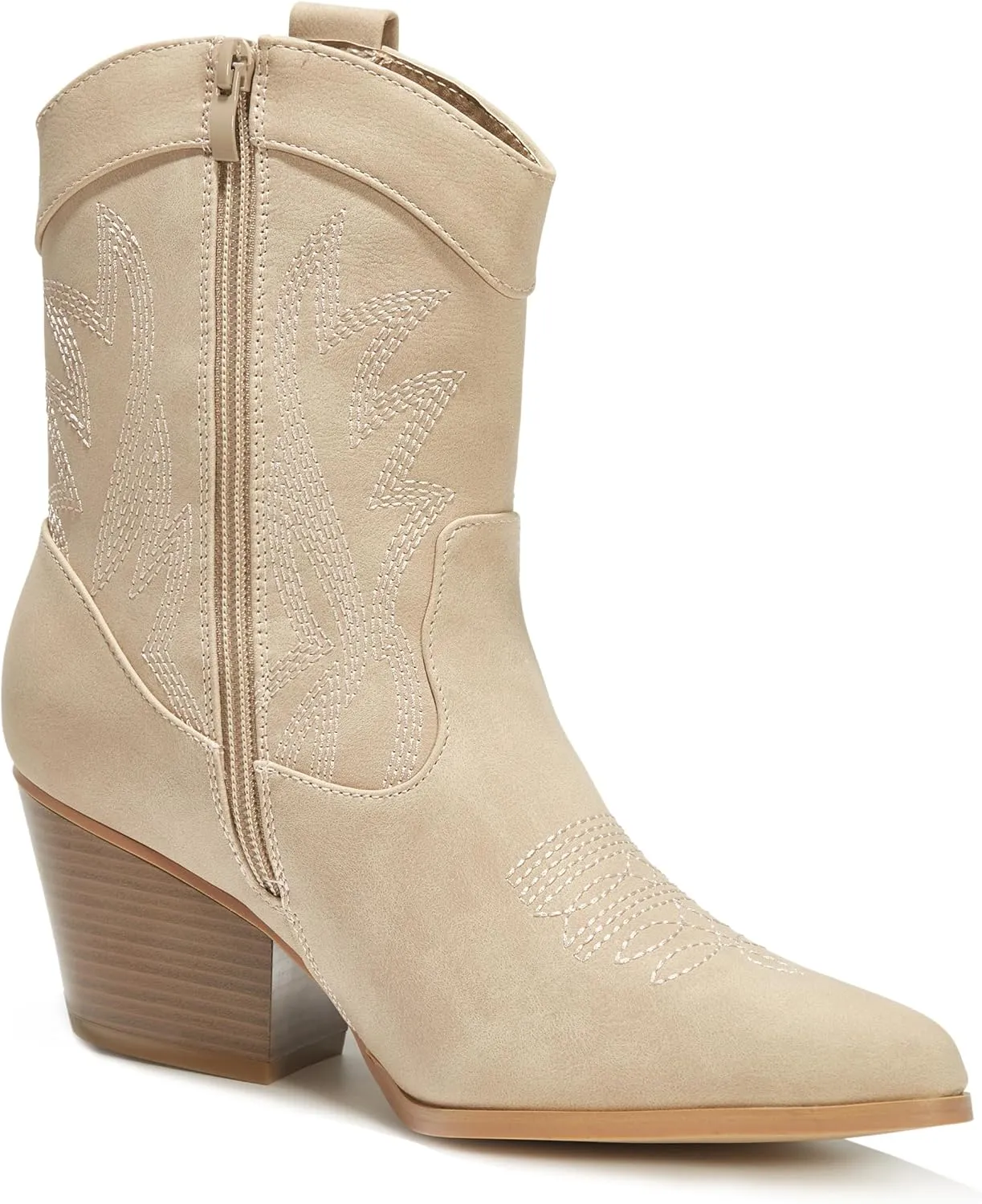 PEPPEP Western Cowgirl Cowboy Ankle Boots for Women or Ladies, Mid Calf, Vegan Leather Embroidered Upper, Low Heel, Fashionable Pointed-toe, Well Made