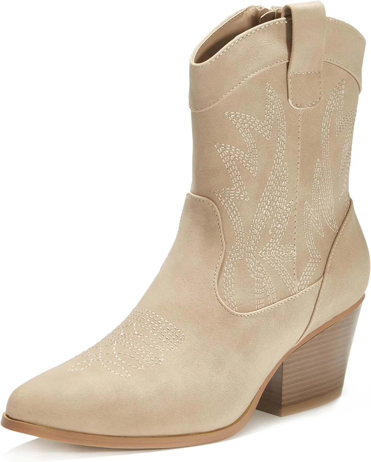 PEPPEP Western Cowgirl Cowboy Ankle Boots for Women or Ladies, Mid Calf, Vegan Leather Embroidered Upper, Low Heel, Fashionable Pointed-toe, Well Made