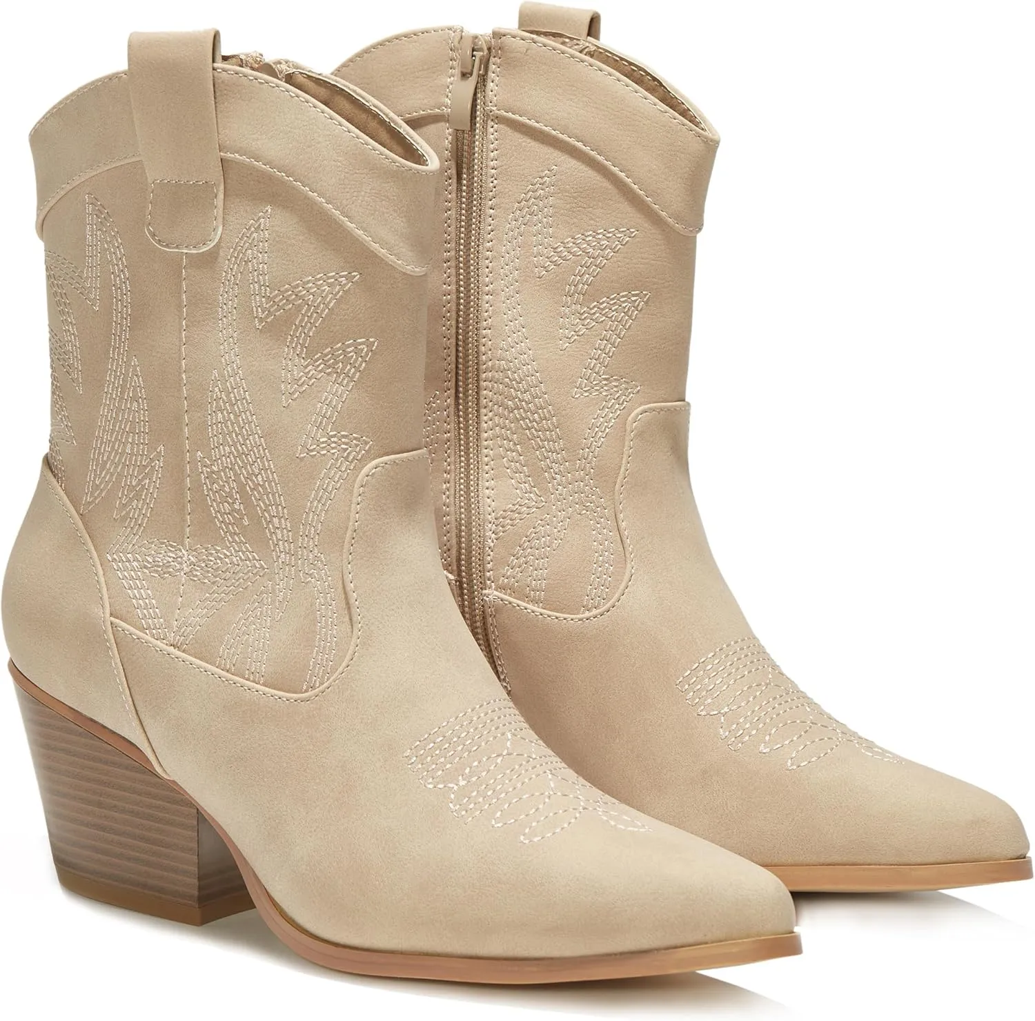 PEPPEP Western Cowgirl Cowboy Ankle Boots for Women or Ladies, Mid Calf, Vegan Leather Embroidered Upper, Low Heel, Fashionable Pointed-toe, Well Made