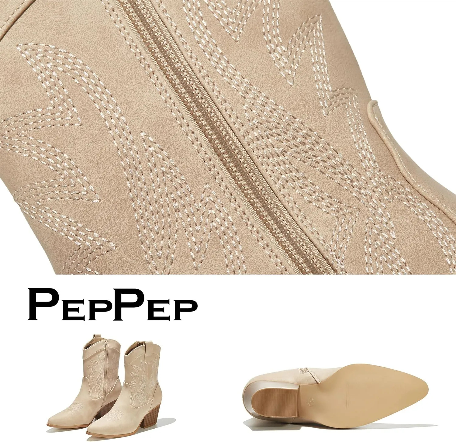 PEPPEP Western Cowgirl Cowboy Ankle Boots for Women or Ladies, Mid Calf, Vegan Leather Embroidered Upper, Low Heel, Fashionable Pointed-toe, Well Made