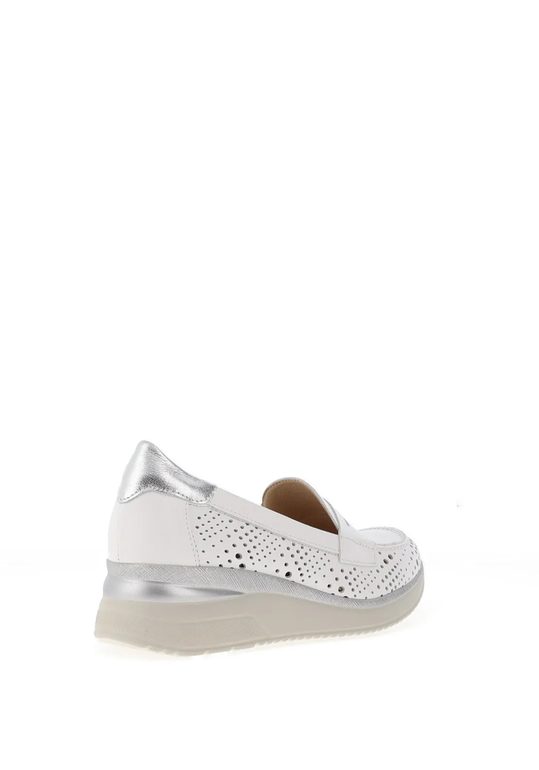Pitillos Leather Perforated Shimmer Low Wedge Loafers, White