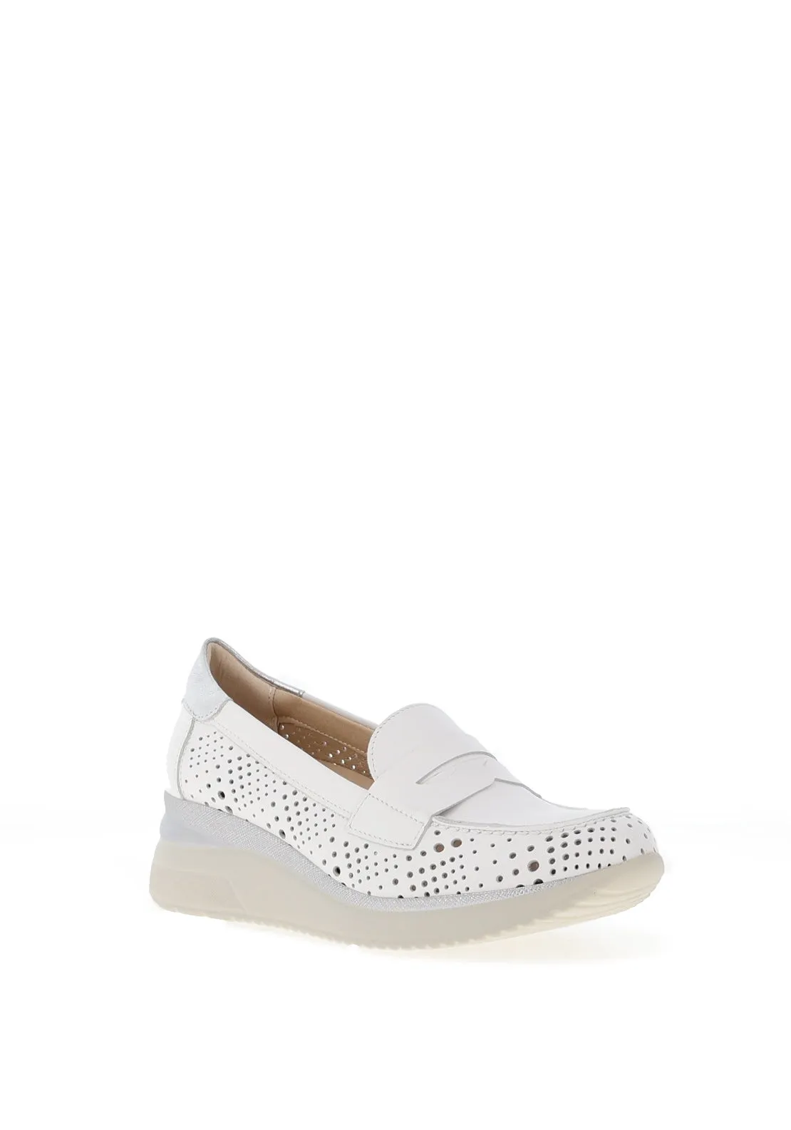Pitillos Leather Perforated Shimmer Low Wedge Loafers, White
