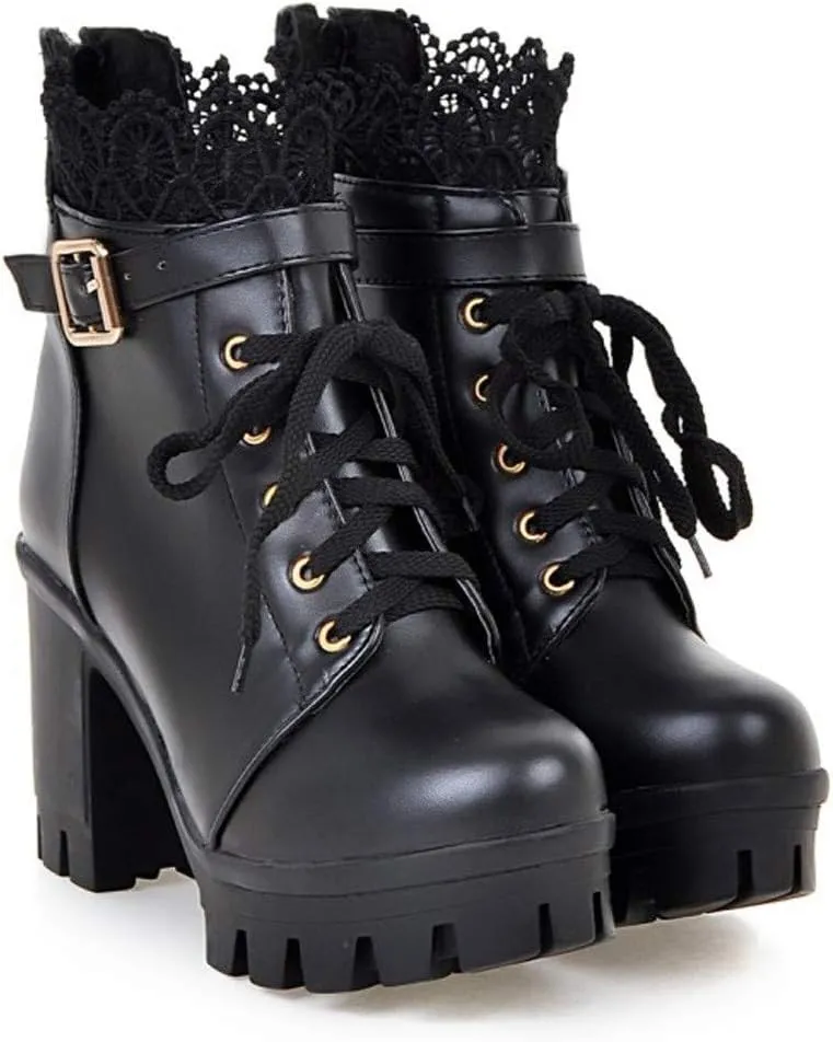 Platform Boots for Women, Heeled Combat Boots Chunky Heel Booties Goth Round Toe Lace Up High Heel Ankle Boots Floral Lace Casual Buckle Short Booties for Bride Wedding Cosplay Party