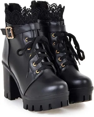 Platform Boots for Women, Heeled Combat Boots Chunky Heel Booties Goth Round Toe Lace Up High Heel Ankle Boots Floral Lace Casual Buckle Short Booties for Bride Wedding Cosplay Party