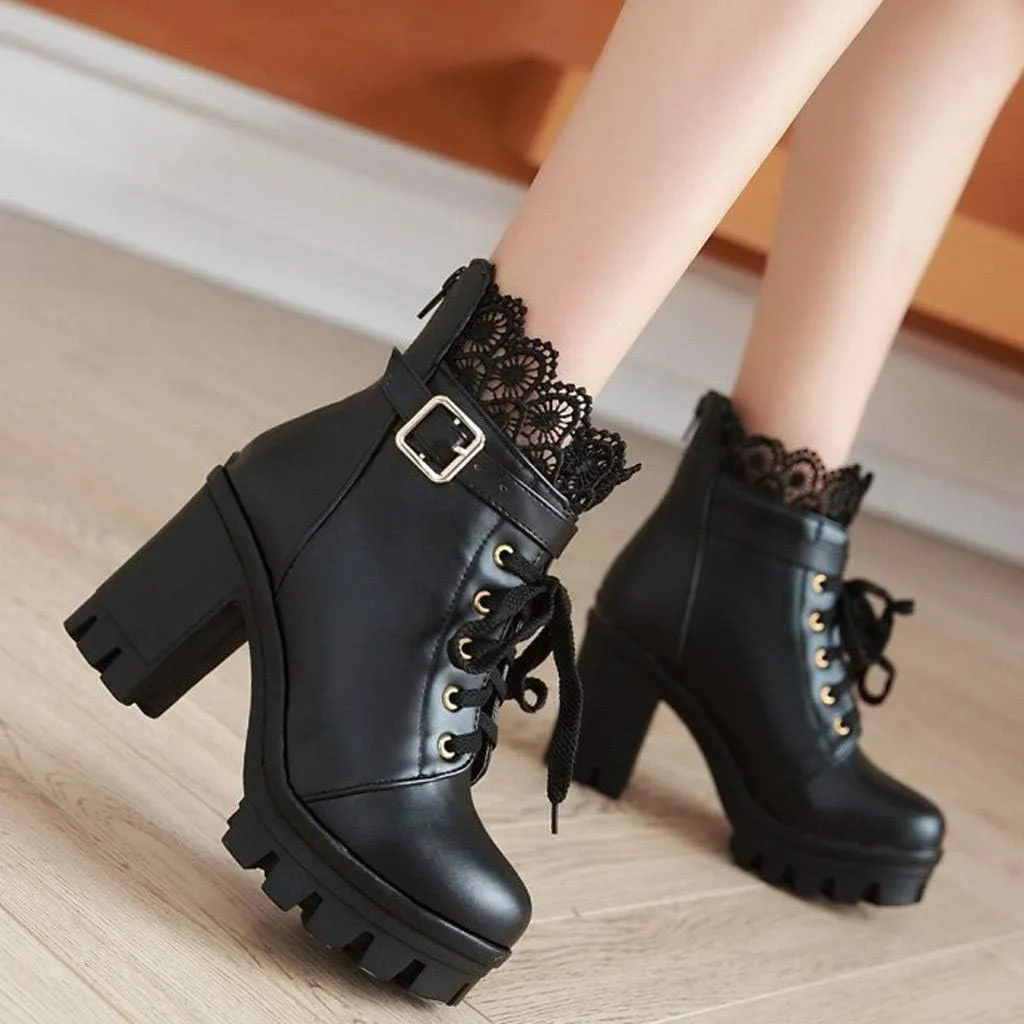 Platform Boots for Women, Heeled Combat Boots Chunky Heel Booties Goth Round Toe Lace Up High Heel Ankle Boots Floral Lace Casual Buckle Short Booties for Bride Wedding Cosplay Party