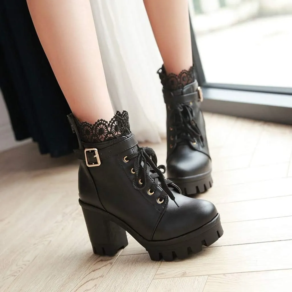 Platform Boots for Women, Heeled Combat Boots Chunky Heel Booties Goth Round Toe Lace Up High Heel Ankle Boots Floral Lace Casual Buckle Short Booties for Bride Wedding Cosplay Party