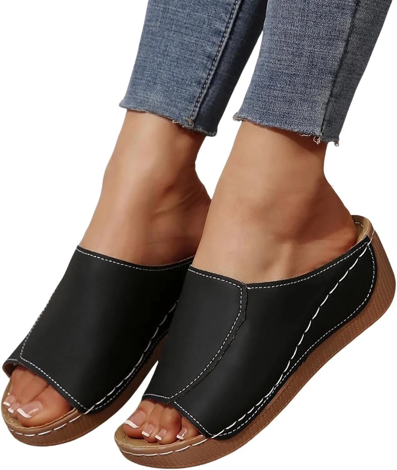 Platform Sandals Women Summer Orthopedic Arch Support Flat Slip on Wide Width Leather Wedge Sandals Damping Sole Upgradation Stretch Lightweight Heels Sandals Diabetic Walking Shoes