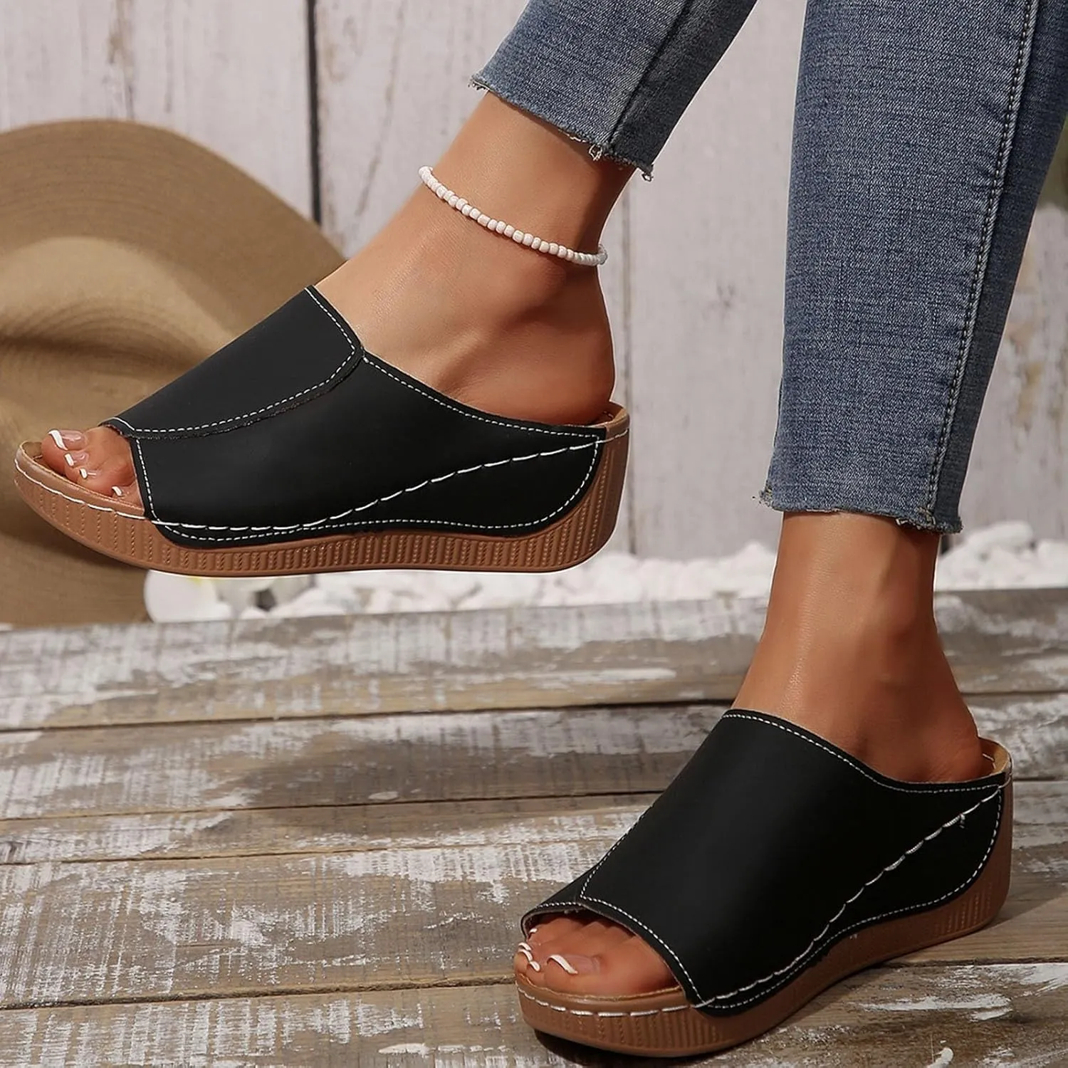 Platform Sandals Women Summer Orthopedic Arch Support Flat Slip on Wide Width Leather Wedge Sandals Damping Sole Upgradation Stretch Lightweight Heels Sandals Diabetic Walking Shoes