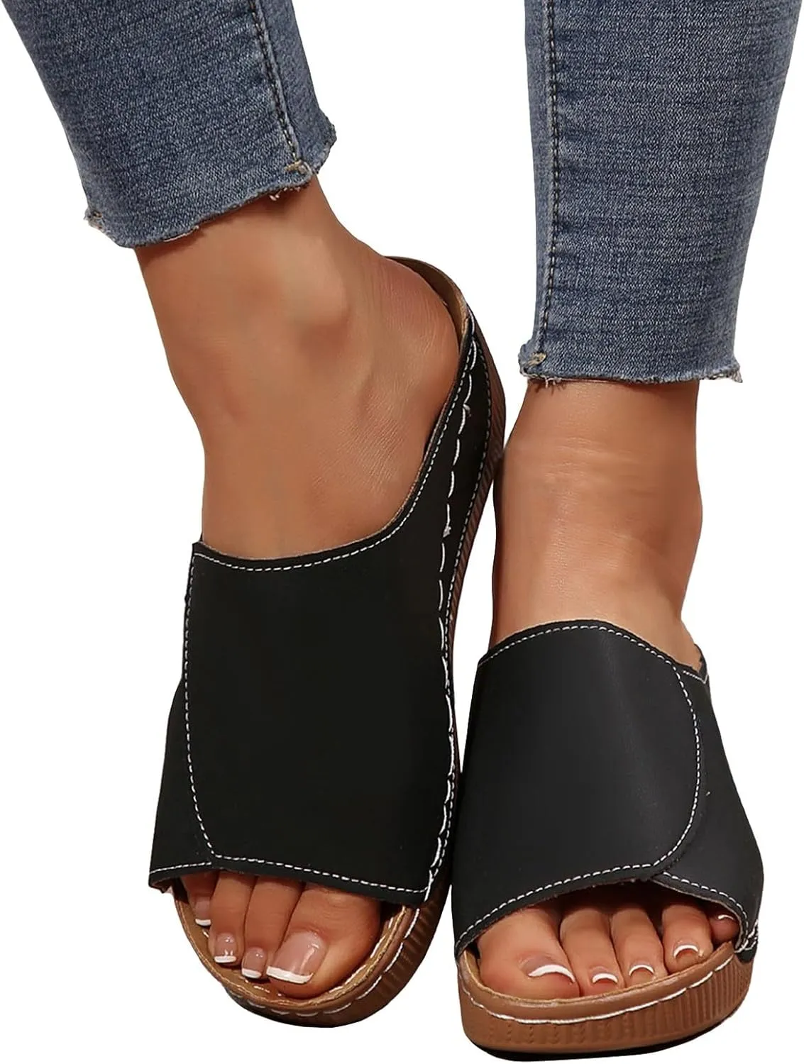 Platform Sandals Women Summer Orthopedic Arch Support Flat Slip on Wide Width Leather Wedge Sandals Damping Sole Upgradation Stretch Lightweight Heels Sandals Diabetic Walking Shoes