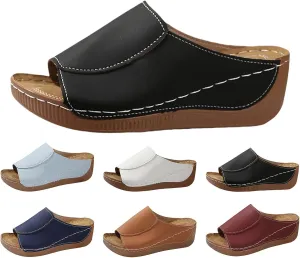 Platform Sandals Women Summer Orthopedic Arch Support Flat Slip on Wide Width Leather Wedge Sandals Damping Sole Upgradation Stretch Lightweight Heels Sandals Diabetic Walking Shoes