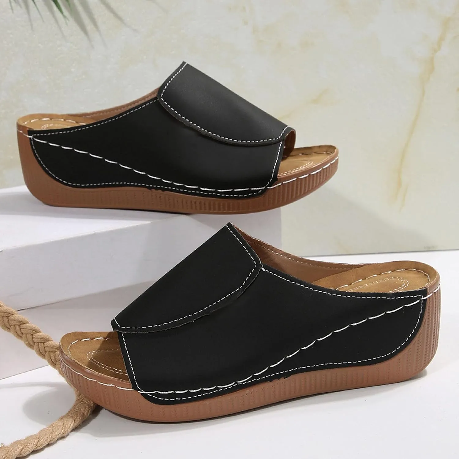 Platform Sandals Women Summer Orthopedic Arch Support Flat Slip on Wide Width Leather Wedge Sandals Damping Sole Upgradation Stretch Lightweight Heels Sandals Diabetic Walking Shoes