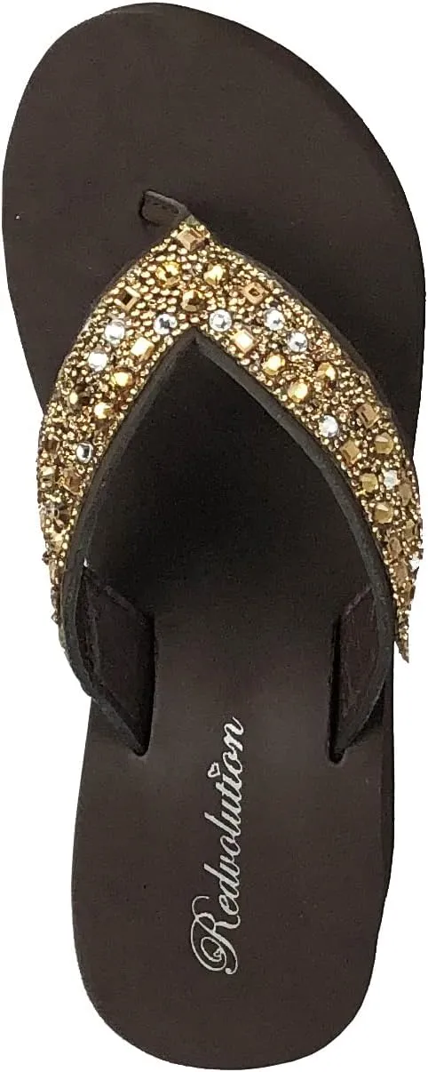 REDVOLUTION New Women's Rhinestone Sandals High | Low Platform T-Strap Jewel Sandals High Wedge Flip Flops
