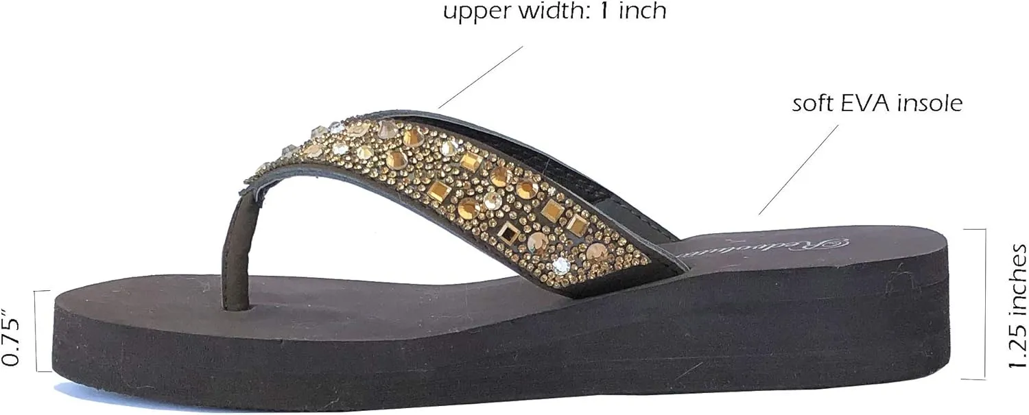 REDVOLUTION New Women's Rhinestone Sandals High | Low Platform T-Strap Jewel Sandals High Wedge Flip Flops