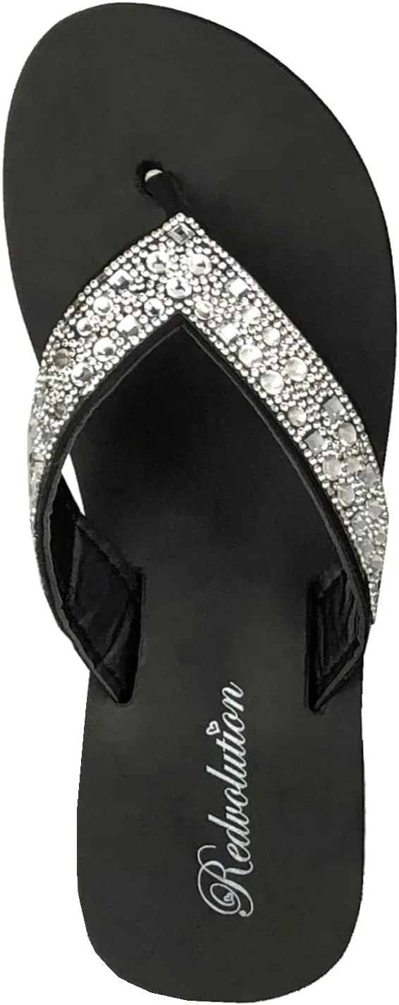 REDVOLUTION New Women's Rhinestone Sandals High | Low Platform T-Strap Jewel Sandals High Wedge Flip Flops