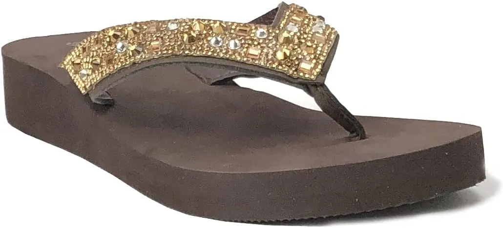 REDVOLUTION New Women's Rhinestone Sandals High | Low Platform T-Strap Jewel Sandals High Wedge Flip Flops