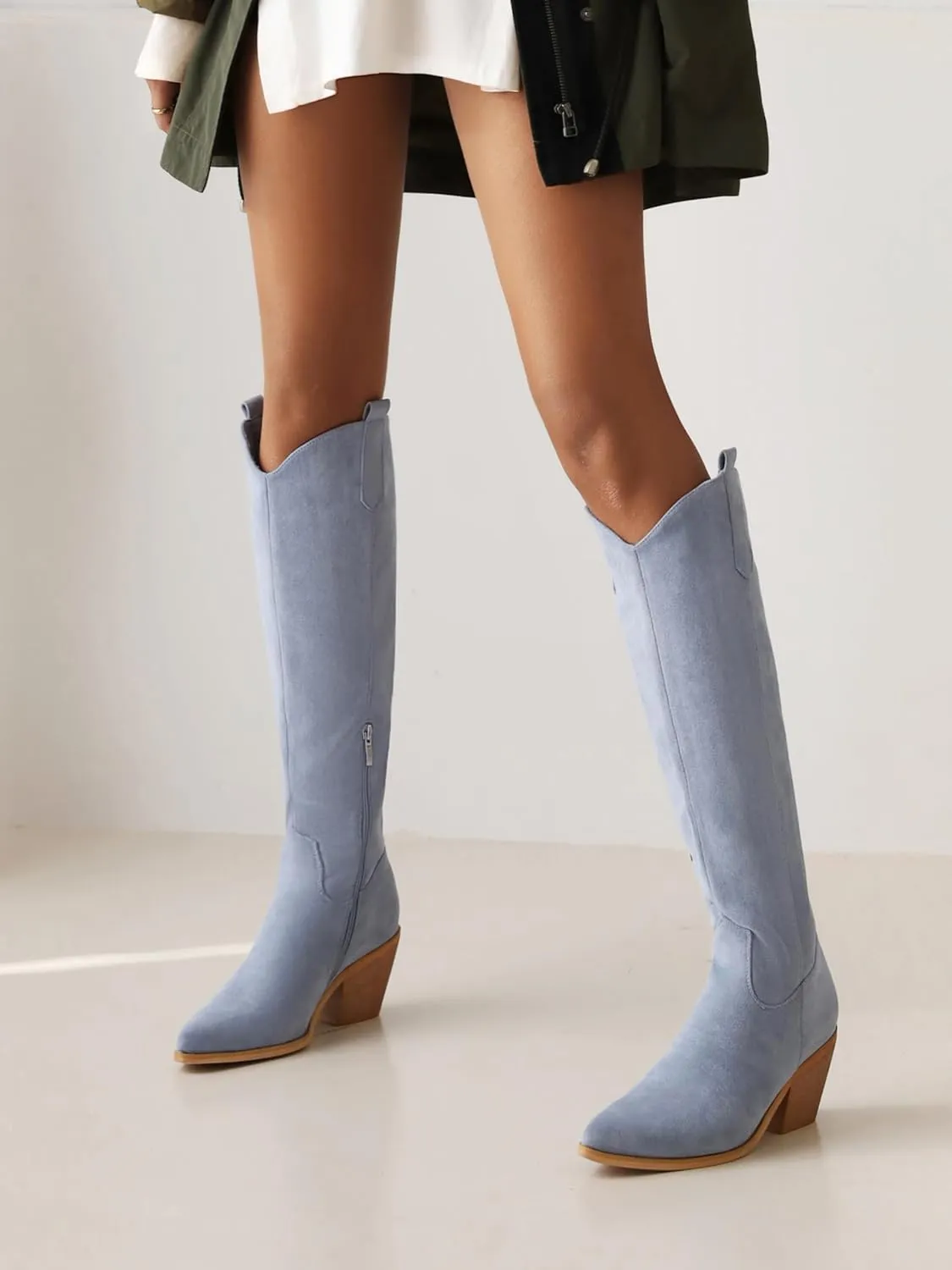 Reitoye Cowboy Boots for Women Embroidery Western Cowgirl Knee High Chunky Heel Boots with Pull-Up Tabs
