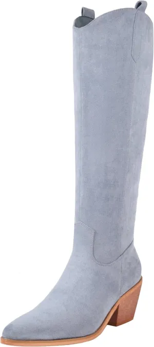 Reitoye Cowboy Boots for Women Embroidery Western Cowgirl Knee High Chunky Heel Boots with Pull-Up Tabs
