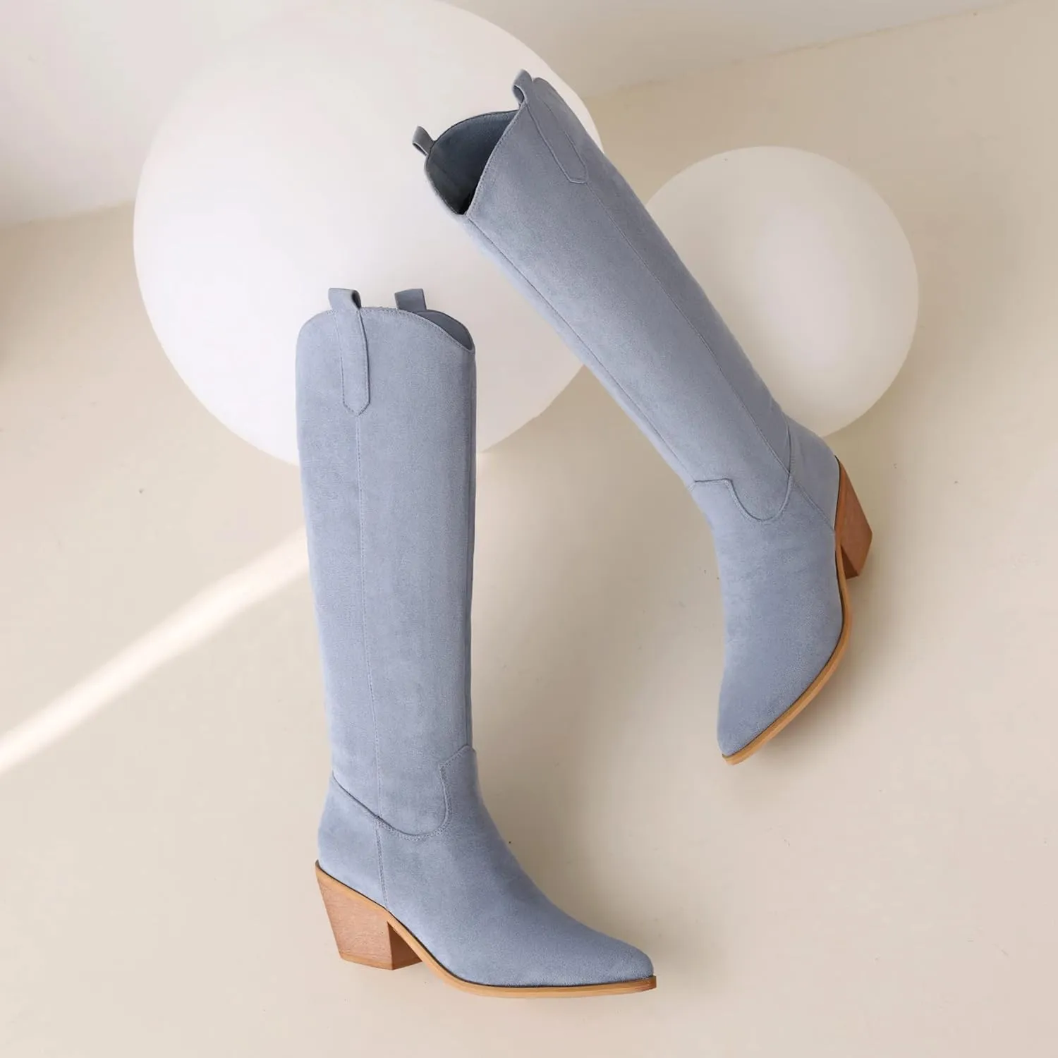 Reitoye Cowboy Boots for Women Embroidery Western Cowgirl Knee High Chunky Heel Boots with Pull-Up Tabs
