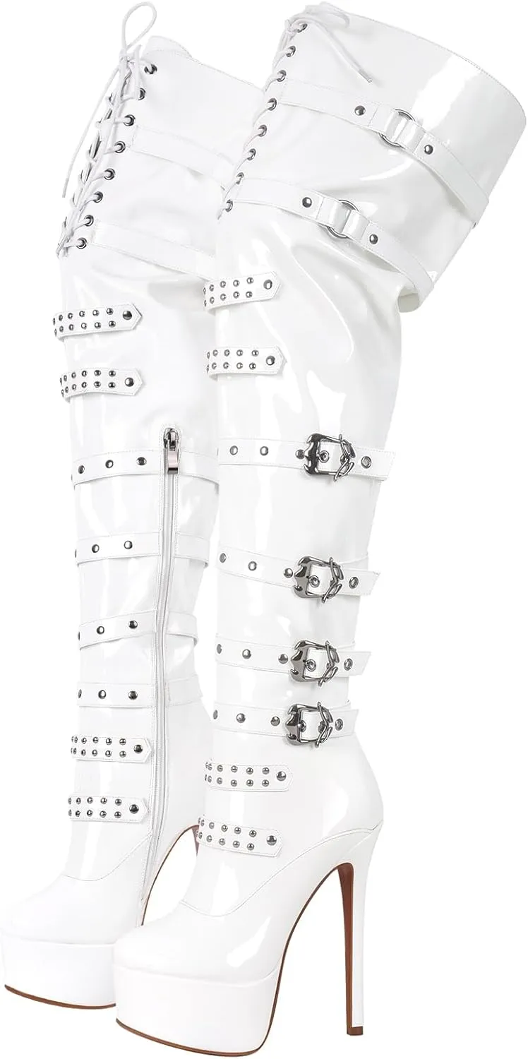 richealnini Women's Platform Heel Thigh High Boots with Zippers Lace Up Sexy Sky High Heels Long Shaft Over the Knee High Boots