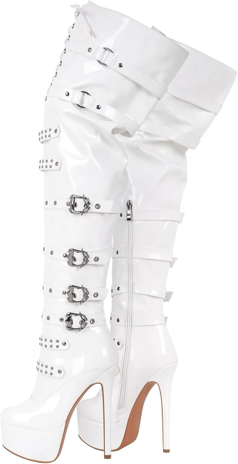 richealnini Women's Platform Heel Thigh High Boots with Zippers Lace Up Sexy Sky High Heels Long Shaft Over the Knee High Boots
