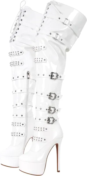 richealnini Women's Platform Heel Thigh High Boots with Zippers Lace Up Sexy Sky High Heels Long Shaft Over the Knee High Boots