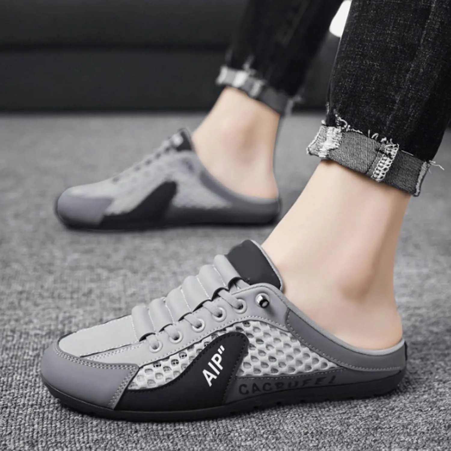 Roorsily Men's Half Cap Toe Mesh Slippers Comfortable Breathable Lazy Slip On Slippers Fashionable Outdoor Slippers