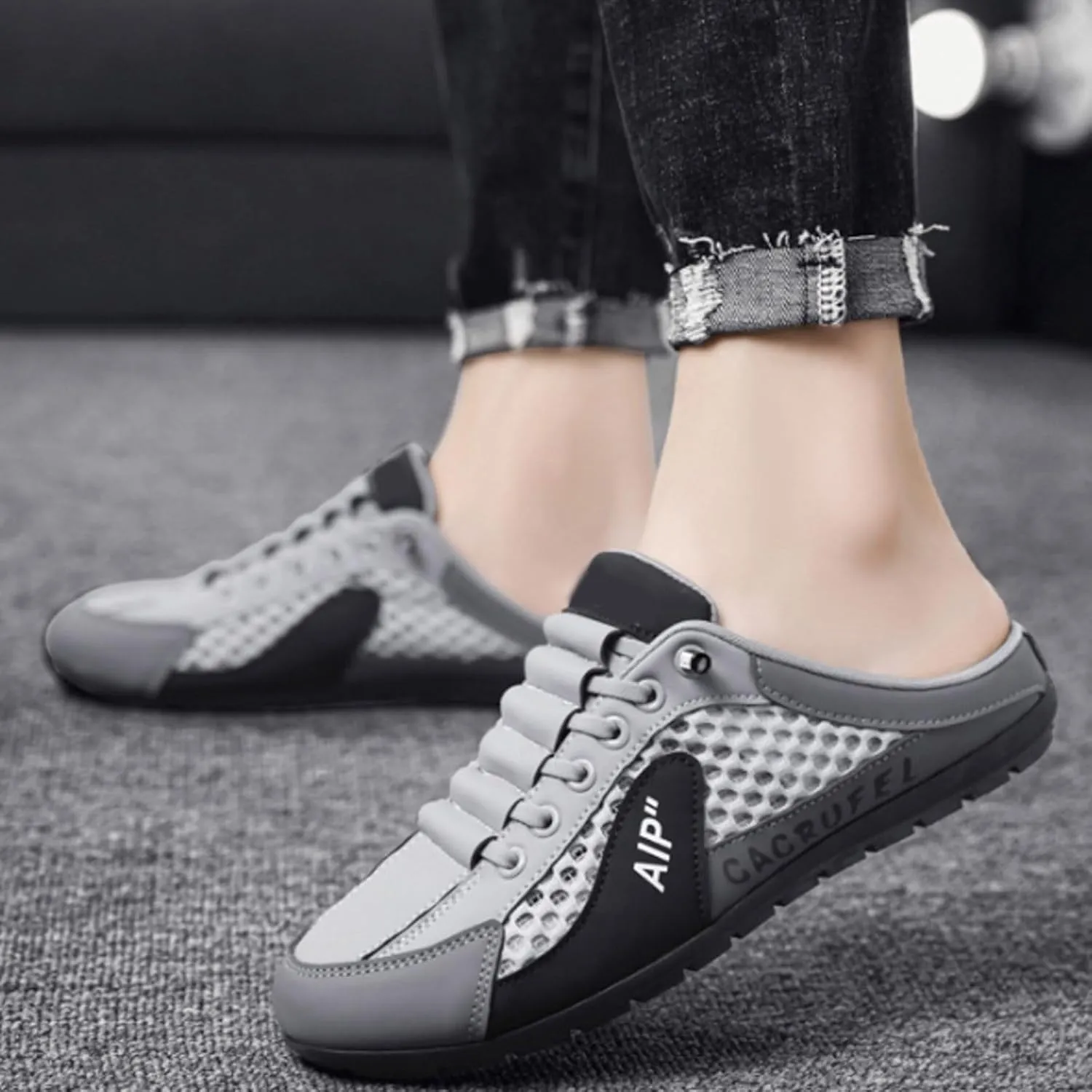 Roorsily Men's Half Cap Toe Mesh Slippers Comfortable Breathable Lazy Slip On Slippers Fashionable Outdoor Slippers