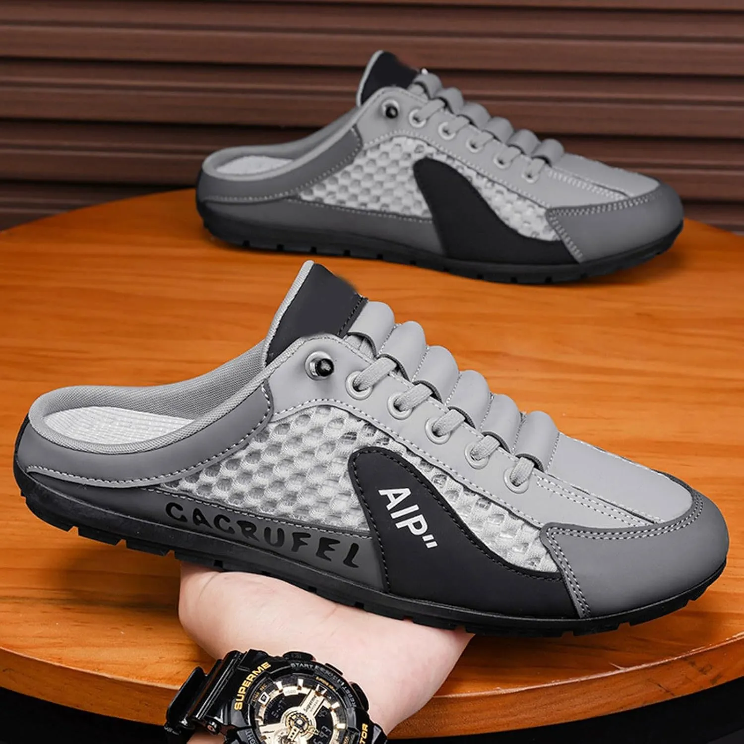 Roorsily Men's Half Cap Toe Mesh Slippers Comfortable Breathable Lazy Slip On Slippers Fashionable Outdoor Slippers