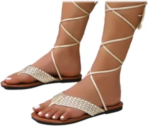 SACFOF Women's Flats Sandals for Women Summer Strappy Gladiator Flop Flops Strappy Lace-Up Slip on Roman Dressy Sandals