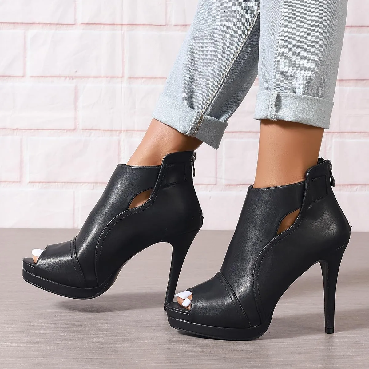 SACFOF Women's Stiletto High Heels Boots Round Toe Cutout Peep Toe Platform Sandals Dress Sexy Ankle Boot with Back Zipper