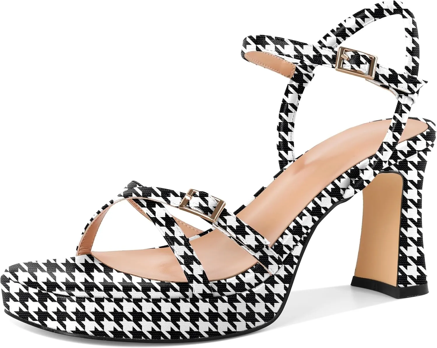 SAMMITOP Platform Heels for Women High Block Chunky Heeled Sandals Open Square Toe Cross Strappy Heels Fashion Wedding Party Dress Shoes 3.5 Inch