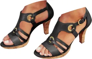 Sandals for Women 2025 Dressy Retro 1920S Cut Out Womens Heels Ankle Buckle Slim Heeled Summer Brown & Black Heels