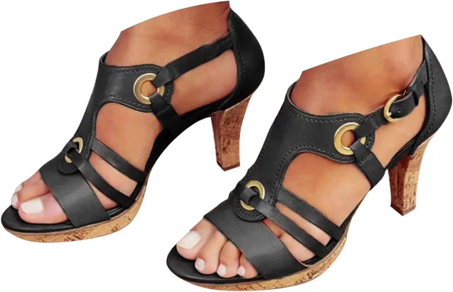 Sandals for Women 2025 Dressy Retro 1920S Cut Out Womens Heels Ankle Buckle Slim Heeled Summer Brown & Black Heels