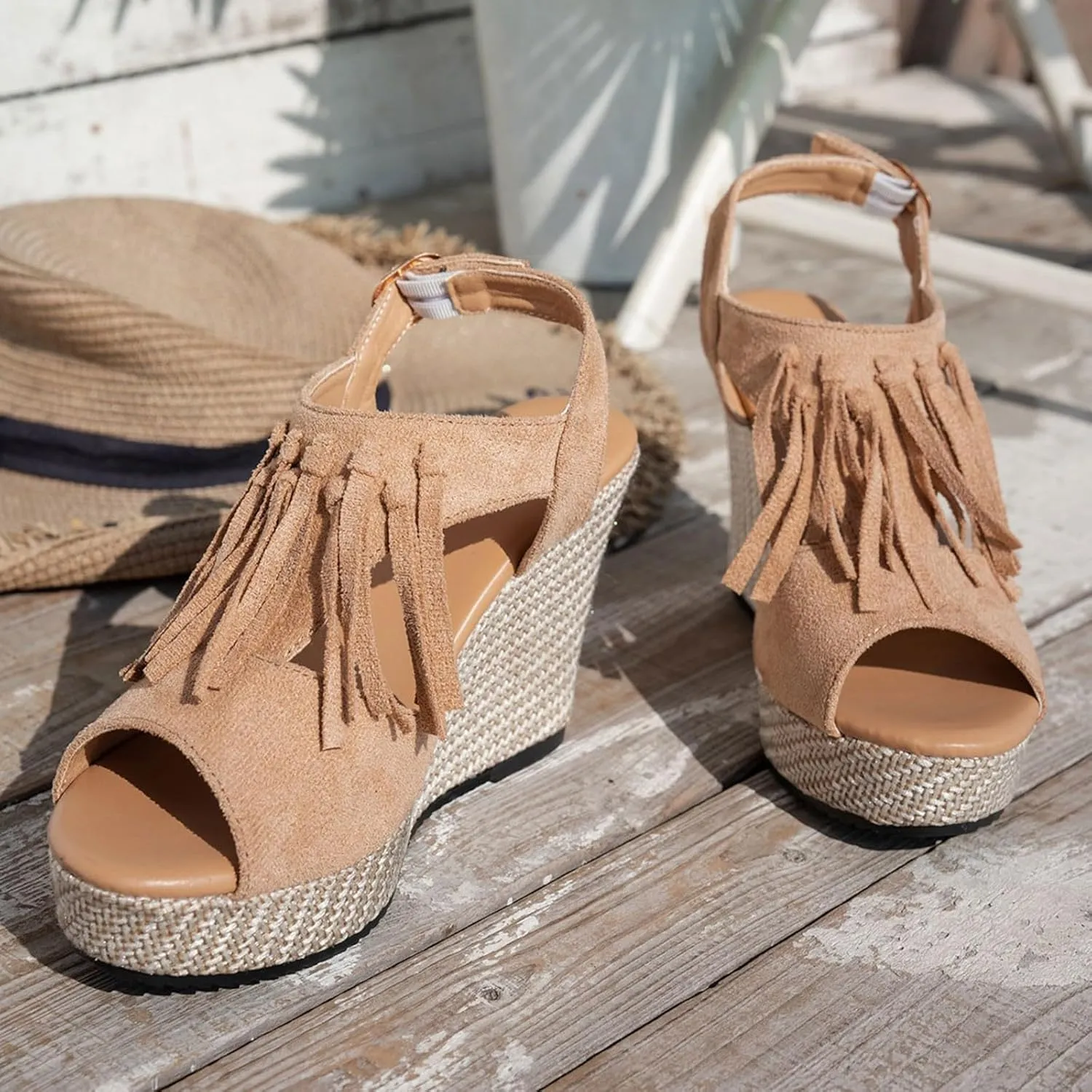 Sandals for Women 2025 Dressy Suede Tassel Wedge Sandals Women's Adjustable Back Strap High Heeled Wedges Heels