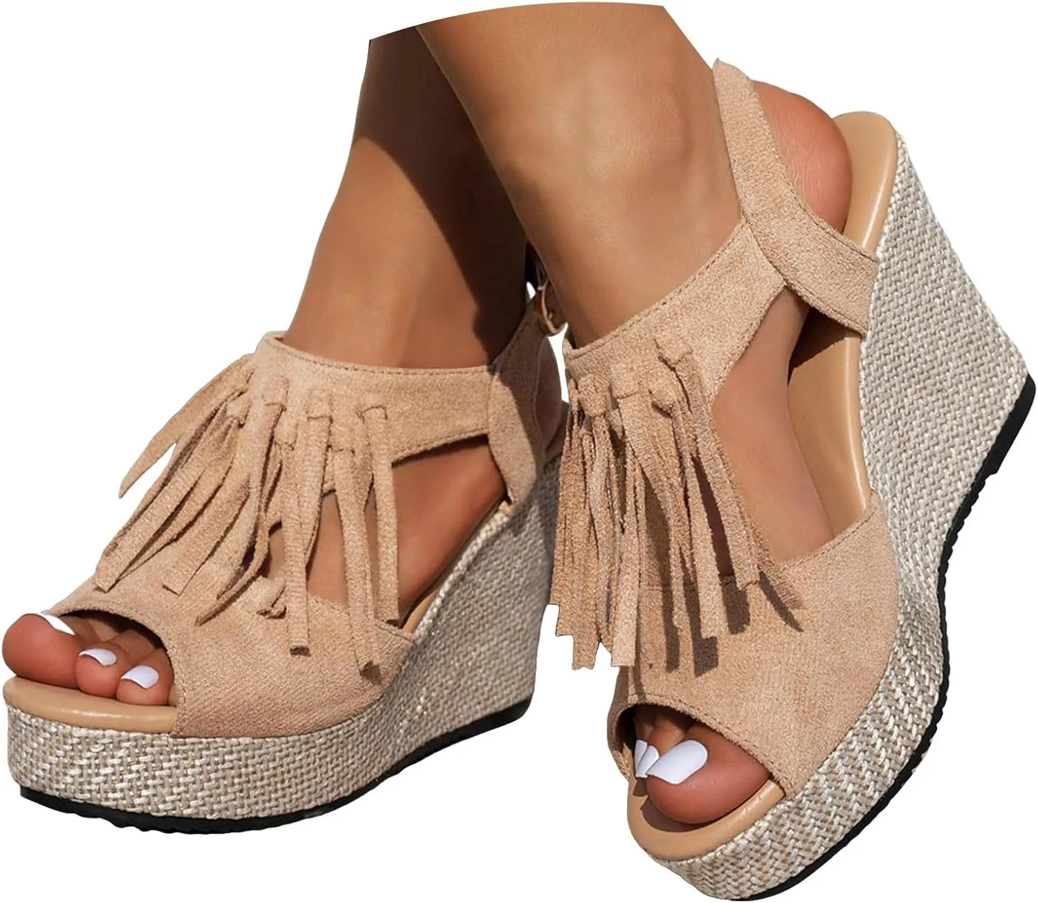 Sandals for Women 2025 Dressy Suede Tassel Wedge Sandals Women's Adjustable Back Strap High Heeled Wedges Heels