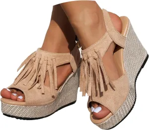 Sandals for Women 2025 Dressy Suede Tassel Wedge Sandals Women's Adjustable Back Strap High Heeled Wedges Heels