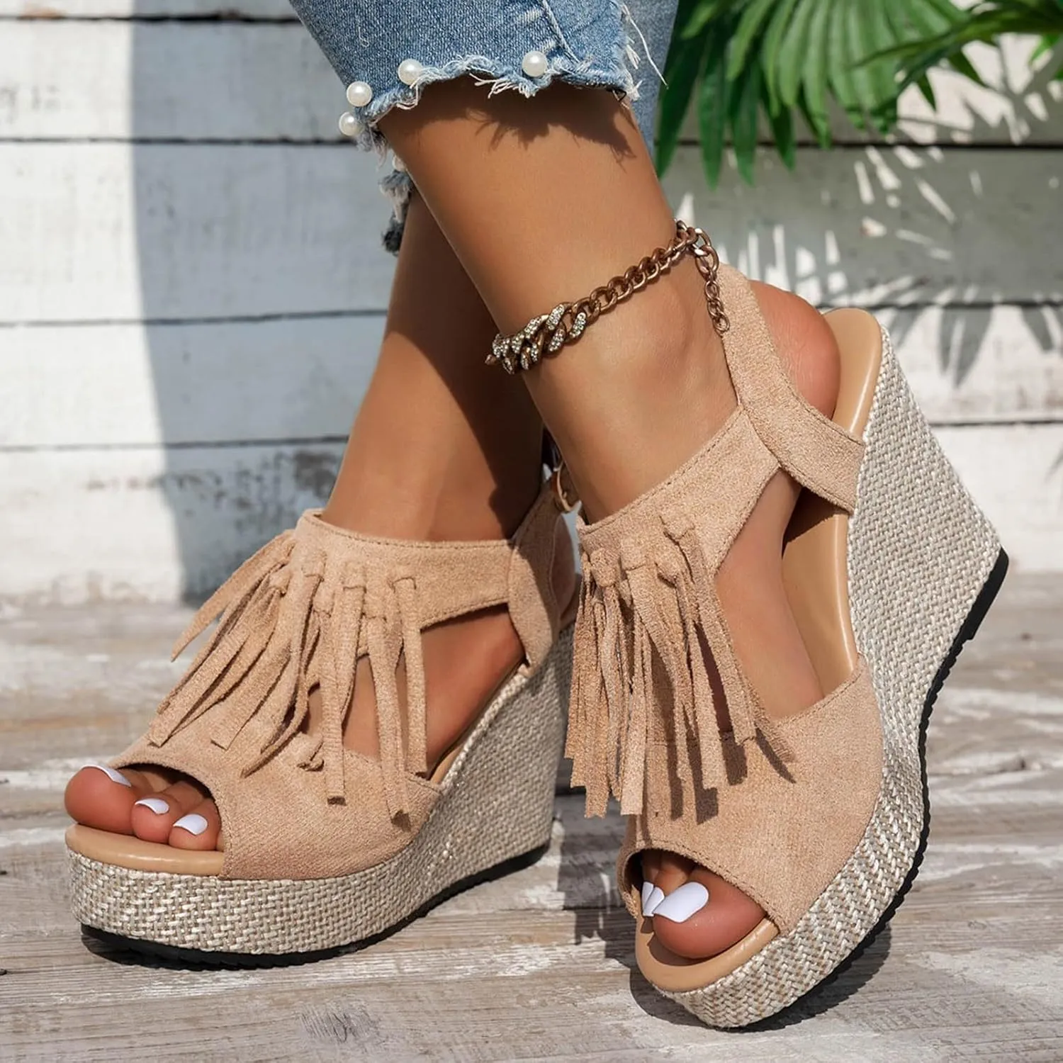 Sandals for Women 2025 Dressy Suede Tassel Wedge Sandals Women's Adjustable Back Strap High Heeled Wedges Heels