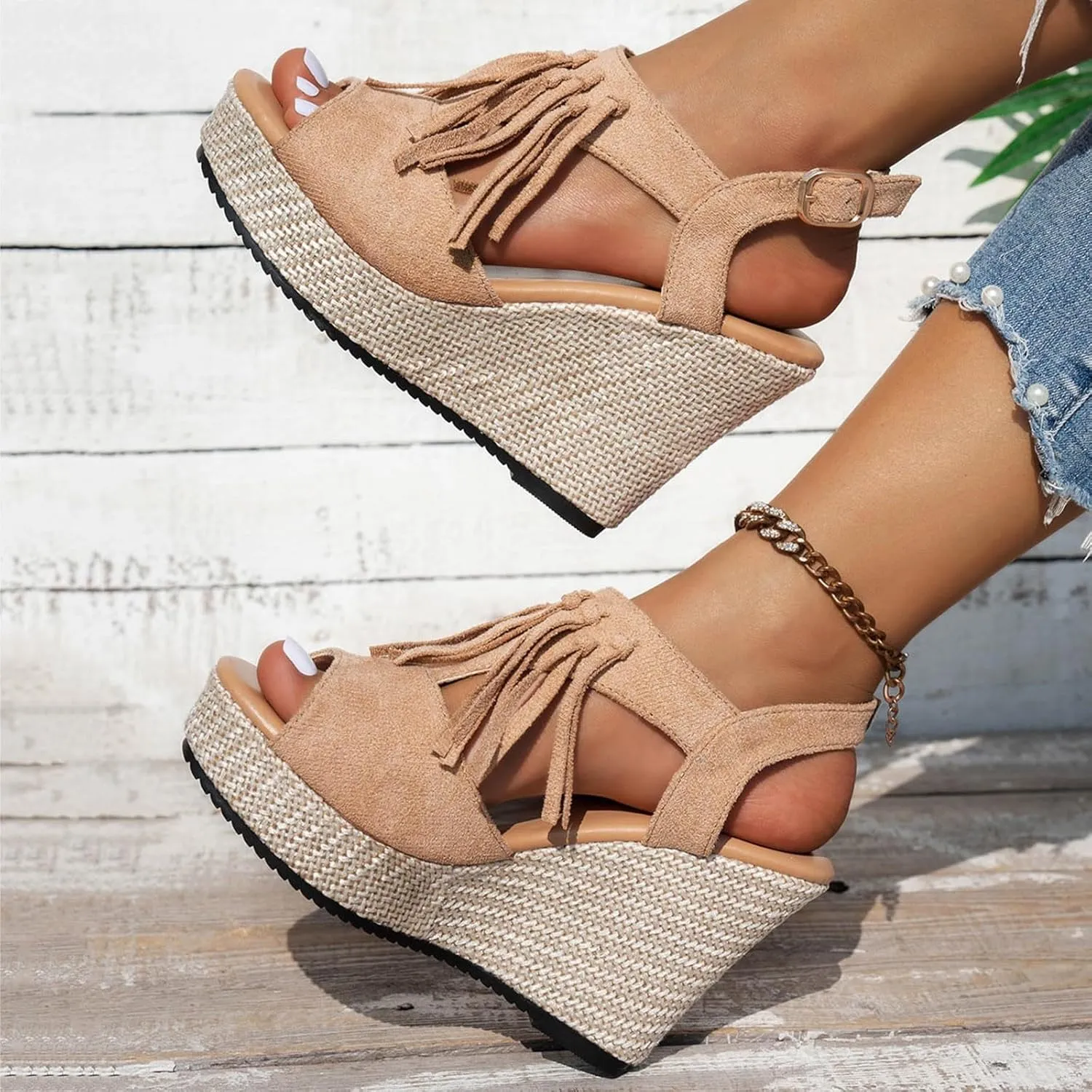Sandals for Women 2025 Dressy Suede Tassel Wedge Sandals Women's Adjustable Back Strap High Heeled Wedges Heels