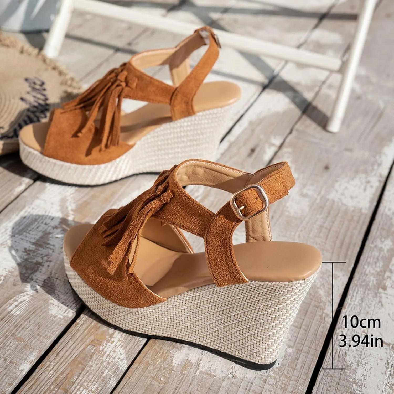 Sandals for Women 2025 Dressy Suede Tassel Wedge Sandals Women's Adjustable Back Strap High Heeled Wedges Heels