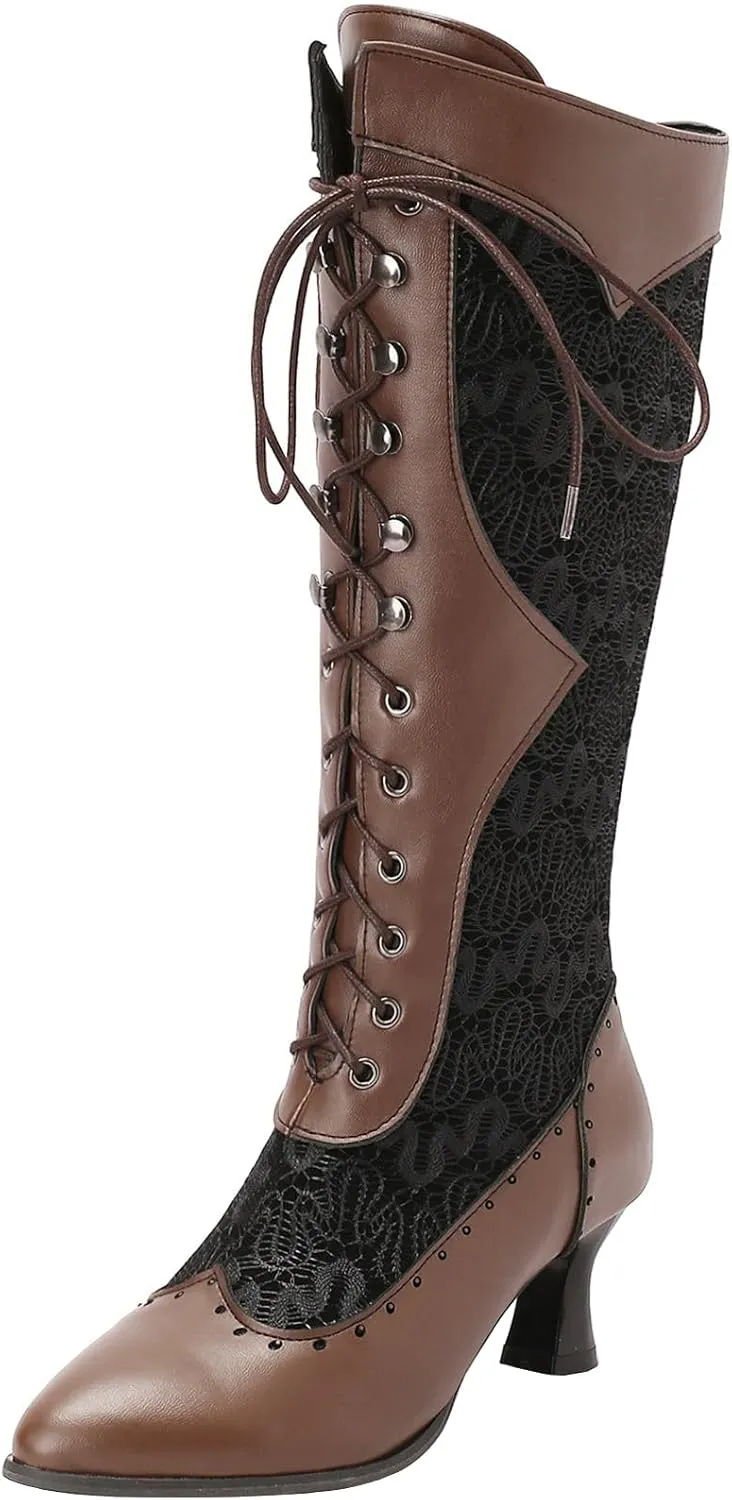 Seborluys Women Victorian Vintage Knee High Boots Kitten Heel Pointed Toe Lace Up Knee Length Boots Pull On Long Boot