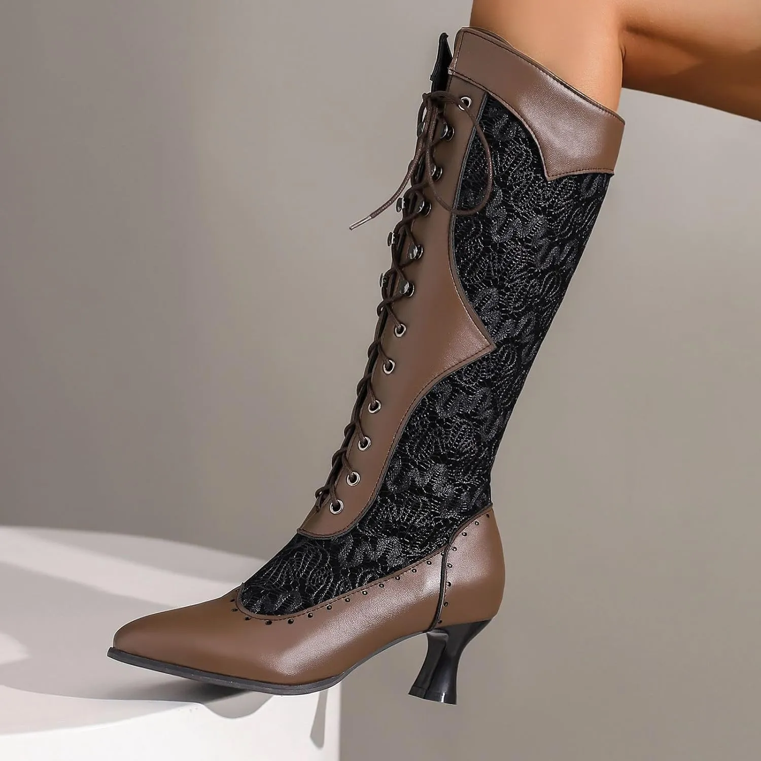 Seborluys Women Victorian Vintage Knee High Boots Kitten Heel Pointed Toe Lace Up Knee Length Boots Pull On Long Boot