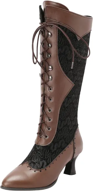 Seborluys Women Victorian Vintage Knee High Boots Kitten Heel Pointed Toe Lace Up Knee Length Boots Pull On Long Boot